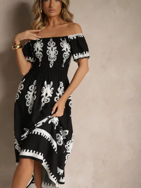 Sukienka Hiszpanka Ozdobiona Etnicznym Printem Aralette czarna