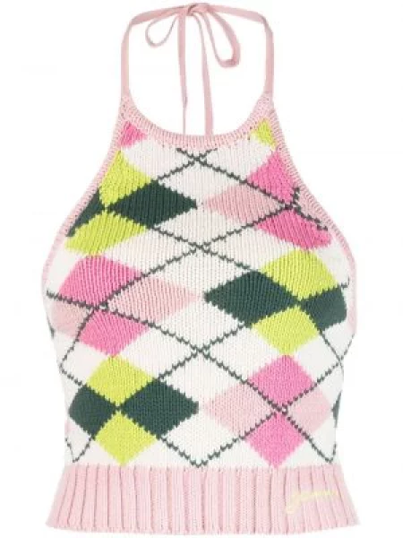 Top Ganni w kratkę o krotszym kroju różowy
