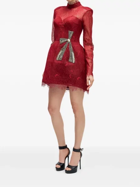 Rochie mini Araftu cu funde din dantelă de costum roșu