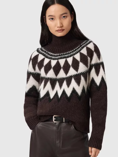 AllSaints sweter z dodatkiem wełny TARA ciepły z golfem brązowy