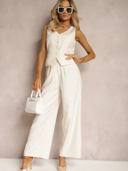 Jasnobeżowy Komplet Garniturowy Kamizelka na i Szerokie Spodnie Palazzo Pioral beżowa