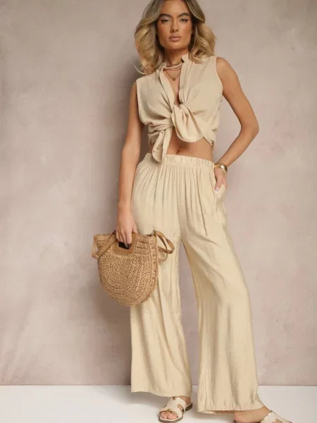 Spodnie Palazzo o Szerokim Kroju High Waist Lislevia beżowe