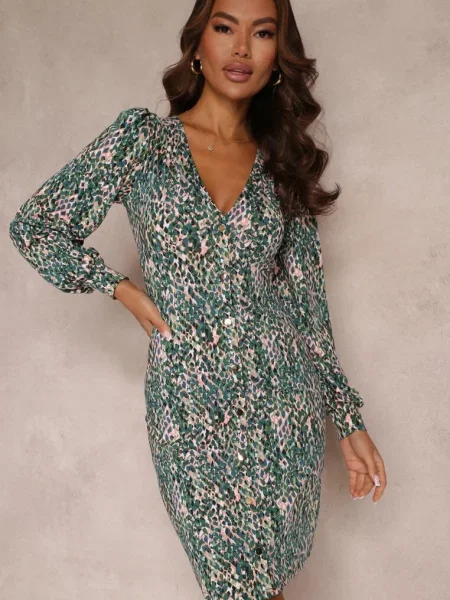 Rochie mini imprimată cu decolteu adânc și manșete Leossa verde