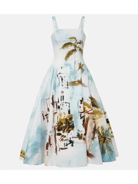 Rochie midi Oscar De La Renta cu imagine din poplin albastru