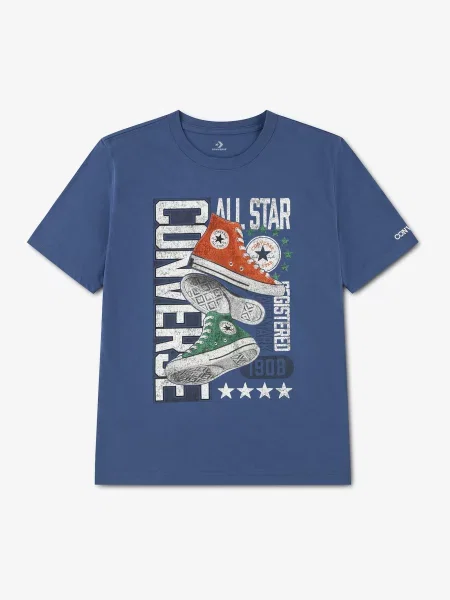 CONVERSE Tricou DOUBLE KICKS albastru fumuriu / metalic / deschis / roșu ruginiu gri