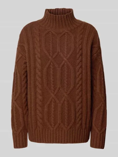 Sweter wełniany o kroju oversized ze ściegiem warkoczowym i prążkowaną stójką Style Icon Collection