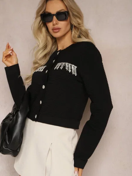 Kardigan z Frędzlami Ozdobionymi Cyrkoniami i w Kształcie Kwiatków Alinessa czarny