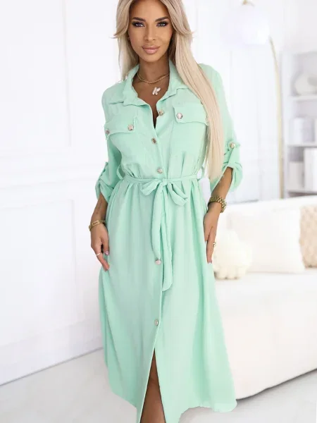 Rochie tip cămașă Numoco Basic cu legături verde