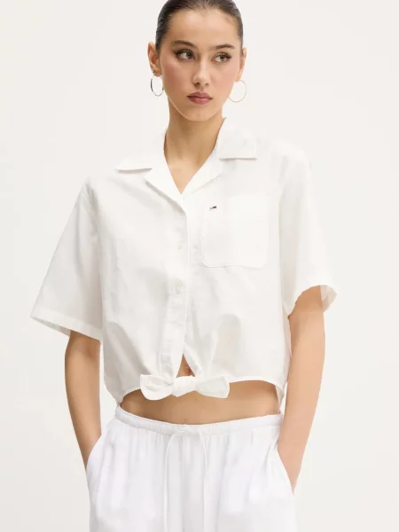 Košulja s dodatkom lana Tommy Jeans za žene relaxed s klasičnim ovratnikom bijela