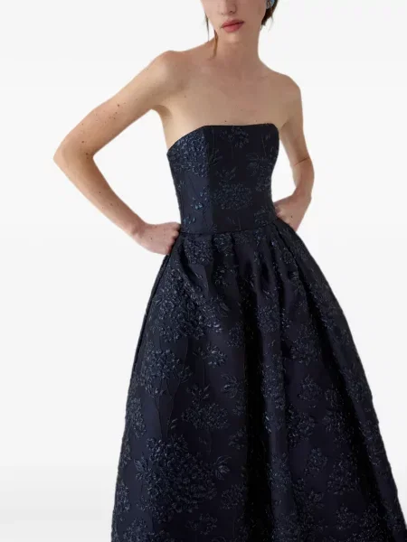 Φλοράλ μίντι φόρεμα Carolina Herrera ζακάρ στράπλες μπλε
