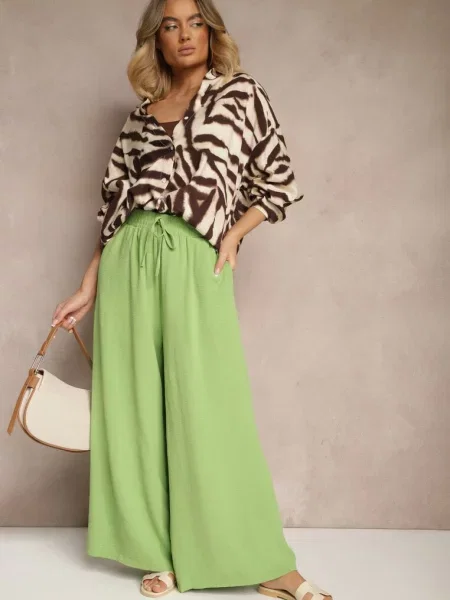 Jasnozielone Spodnie Palazzo o Szerokim Kroju Ozdobione Sznurkiem Ularira zielone