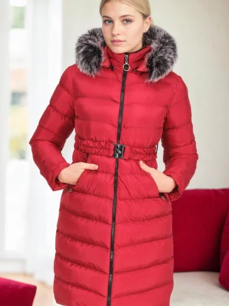 Palton de blană Dewberry cu glugă roșu