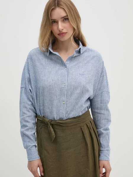 Ленена риза Pepe Jeans MARCEL със свободна кройка с класическа яка синьо