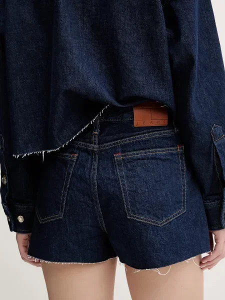 Tommy Jeans pantaloni scurți jeans bleumarin uni high waist albastru