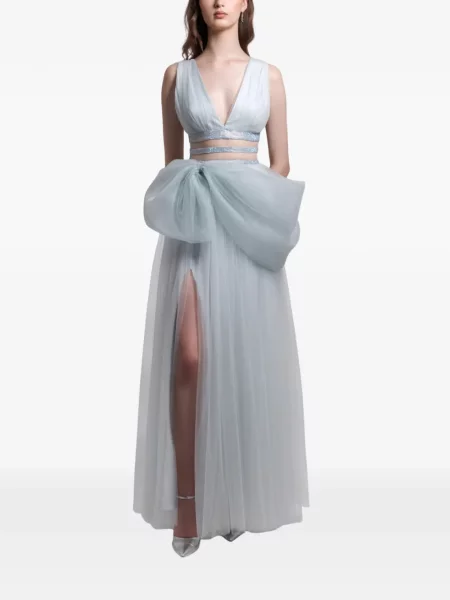 Maksi sukienka maxi Gemy Maalouf z dekoltem w serek garniturowa niebieska