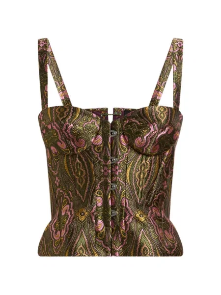 Top Etro cu model floral din jacard verde