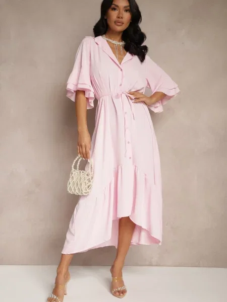 Koszulowa Sukienka Ozdobiona Falbanką Ransara różowa