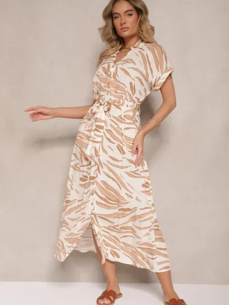 Jasnobeżowa Sukienka w Zebrę o Koszulowym Kroju z Wiązanym Florloti beżowa