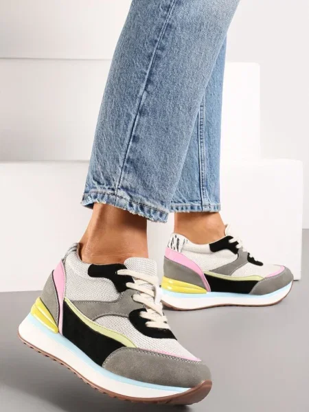 Sneakersy na Ukrytym Niewysokim Koturnie z Brokatem Fioralan szare