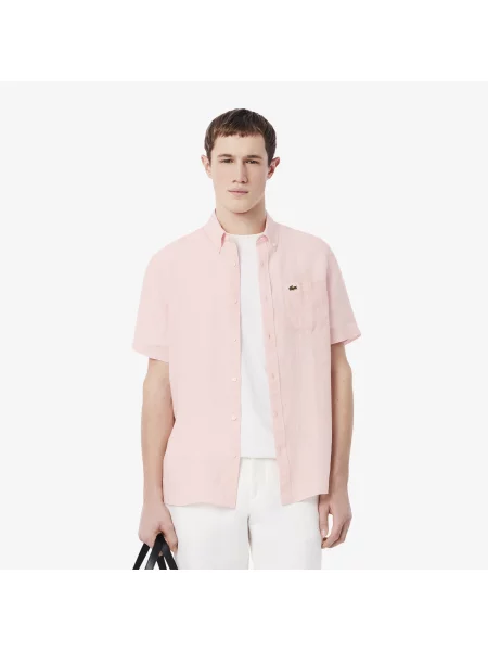 Lacoste Lniana Koszula Z Krótkim Rękawem różowa