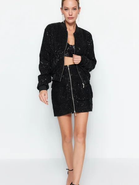 Geacă bomber Trendyol cu paiete negru