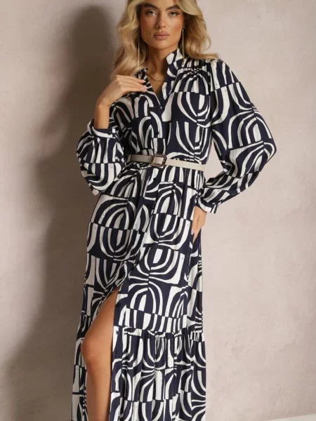 Długa Sukienka Rozkloszowana w Geometryczne Wzory z Kołnierzykiem Skulle granatowa