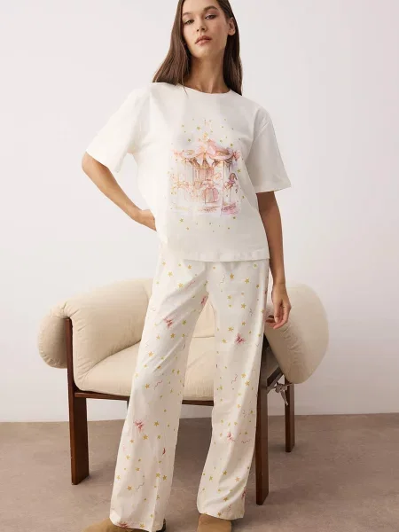 Trendyol Pijama ecru / muștar / roz / roz pal galben