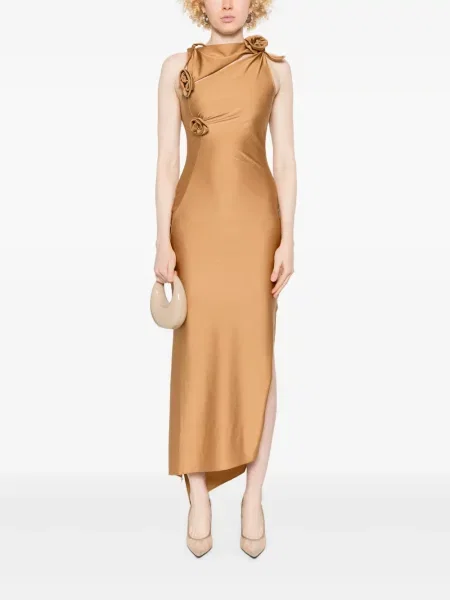 Rochie maxi Coperni cu model floral asimetrică maro