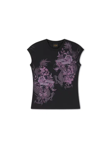 Ed Hardy Tričko Tattoo City orchidej / ostružinová černá