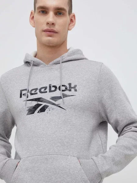Суичър с качулка Reebok с качулка с принт сиво