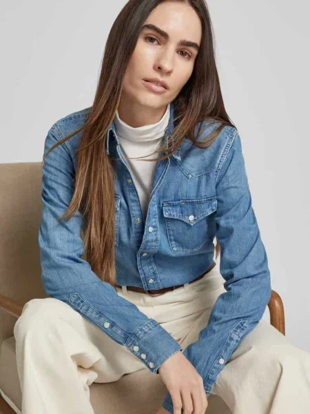 Bluzka Polo Ralph Lauren elegancka z kieszeniami na piersi niebieska