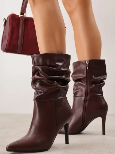Botine cu stiletto tip Slouchy Desirlotte Bordo cu roșu