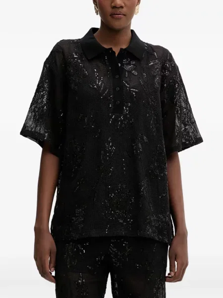 Tricou polo Isabelle Blanche cu paiete cu model floral din dantelă negru