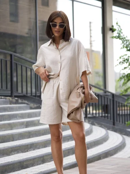 Костюм TrikoBakh Комплект сорочка+шорти льон/віскоза бежевий