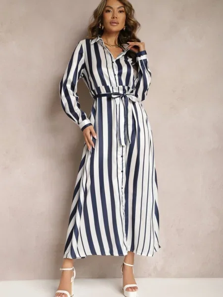 Rochie Cămașă Alb-Bleumarin Decorată cu Model în Dungi Legată în Talie Orintta alb