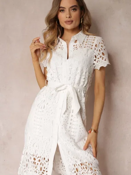 Ażurowa Sukienka Koszulowa Wiązana w Pasie Lonnija biała