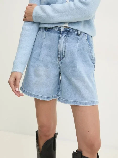 Дънков къс панталон Answear Lab с изчистен дизайн с висока талия синьо