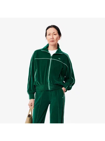 Lacoste Luźna Aksamitna Bluza Z Zamkiem Błyskawicznym zielona