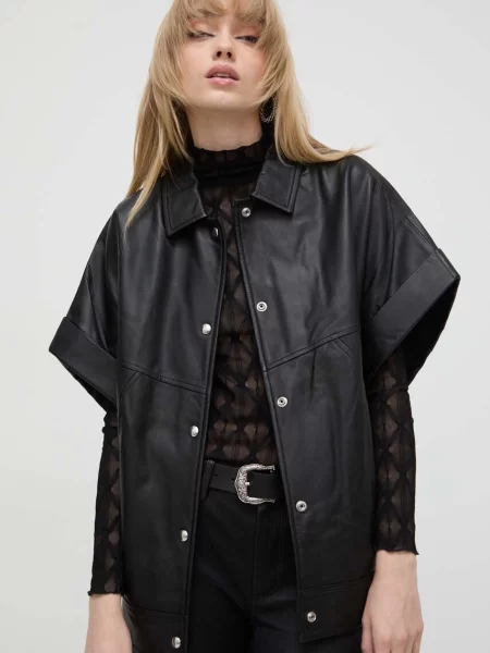 IRO camasa din piele cuoarea cu guler clasic relaxed negru