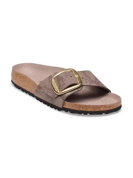 Papuci Birkenstock cu cataramă cu toc plat bej