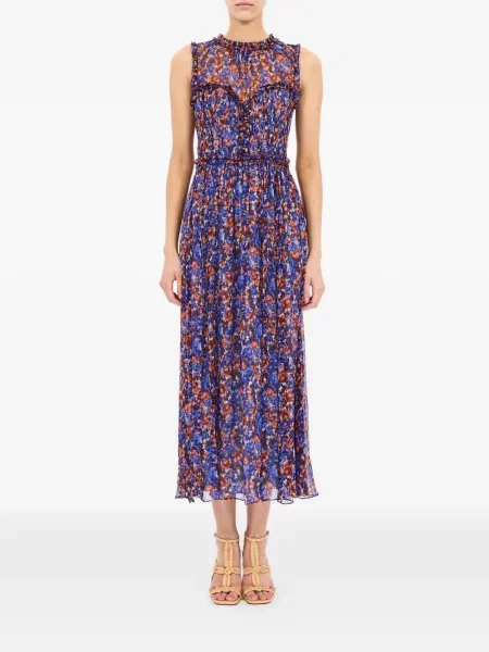 Rochie midi Ulla Johnson de mătase cu volane până la genunchi violet