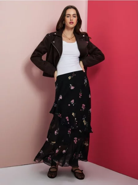 Міді спідниця з асиметричною воланкою та квітковим принтом різнобарвний