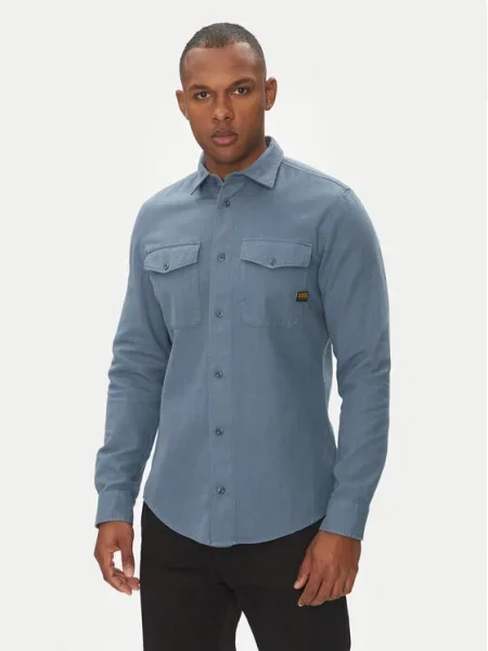 Риза G-Star Raw мъжка със стандартна кройка с класическа яка синьо