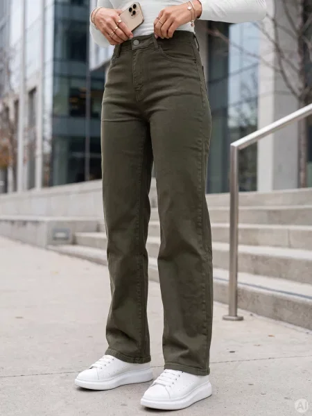 Jeansy regular fit z wysokim stanem Dstreet zielone