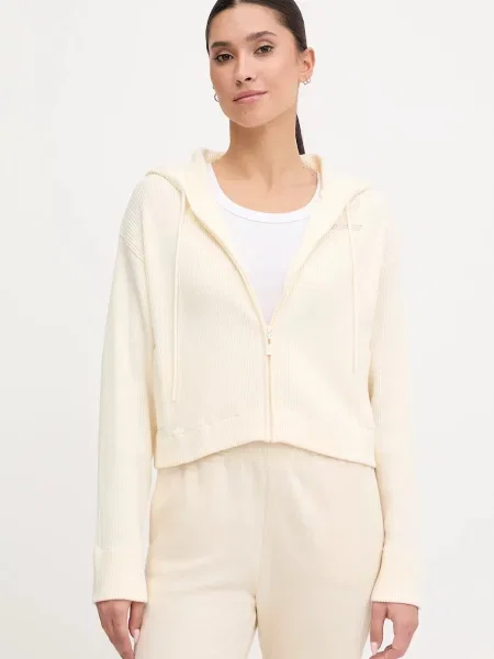 Guess bluza z domieszką wełny FLAMINIA z kapturem gładka beżowy