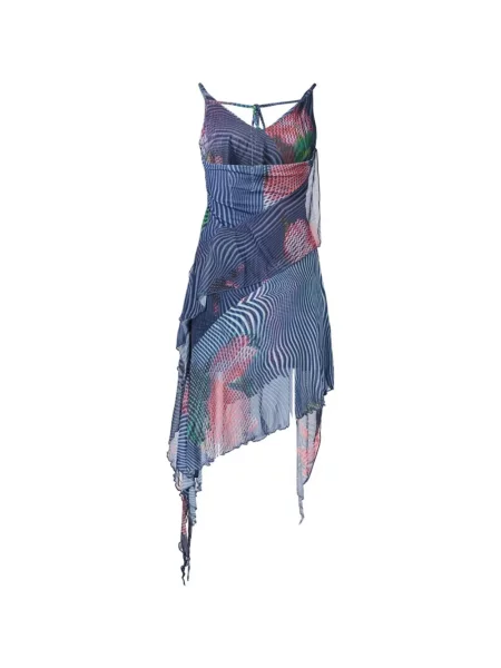 Rochie mini Desigual cu model floral cu imagine asimetrică albastru