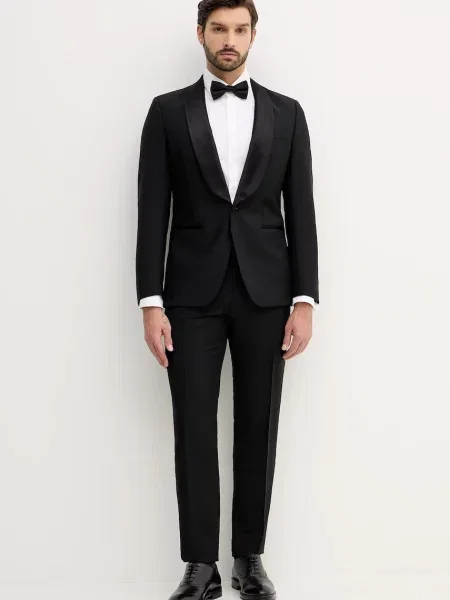 BOSS gyapjú öltöny sima fekete