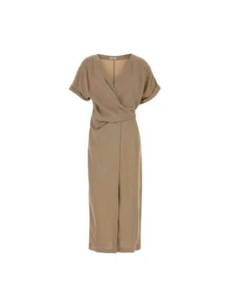 Lniana sukienka midi Brunello Cucinelli do kolan kopertowa beżowa
