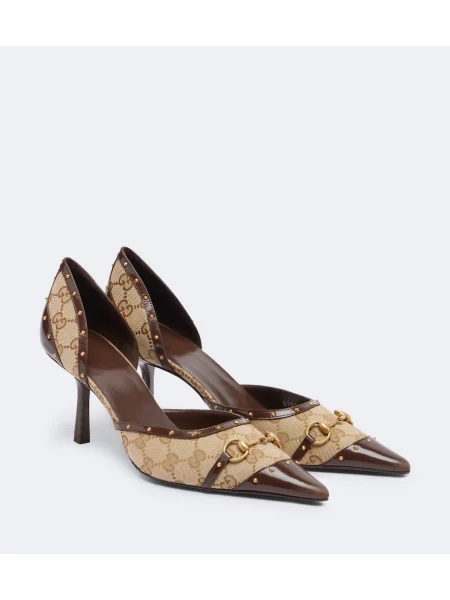 Pantofi cu toc Gucci din canvas bej