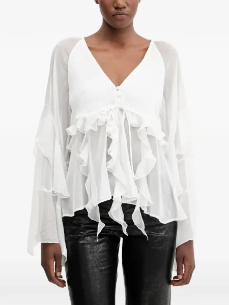 Top Bardot cu decolteu în V cu volane alb